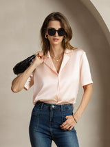 [Roze] SilkSilky-NL Short Sleeve Lapel Collar Dames Blouse 003