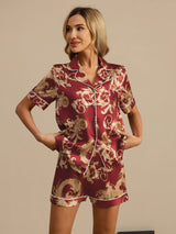 [Wijnrode Draak] SilkSilky-NL Korte Mouw Notchkraag Dames Pyjama Set 003