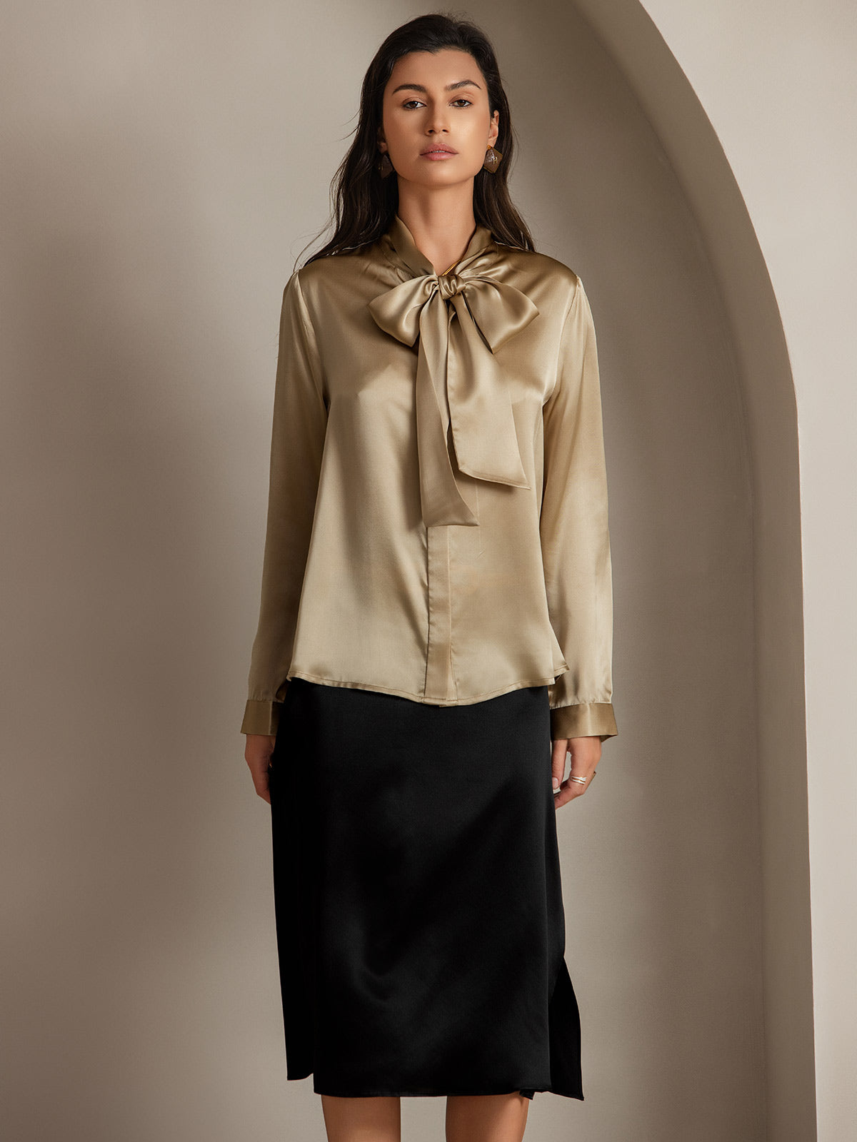 [Champagne] SilkSilky-NL 19Momme Zijde Lange Mouw Binda Hals Dames Blouse 003