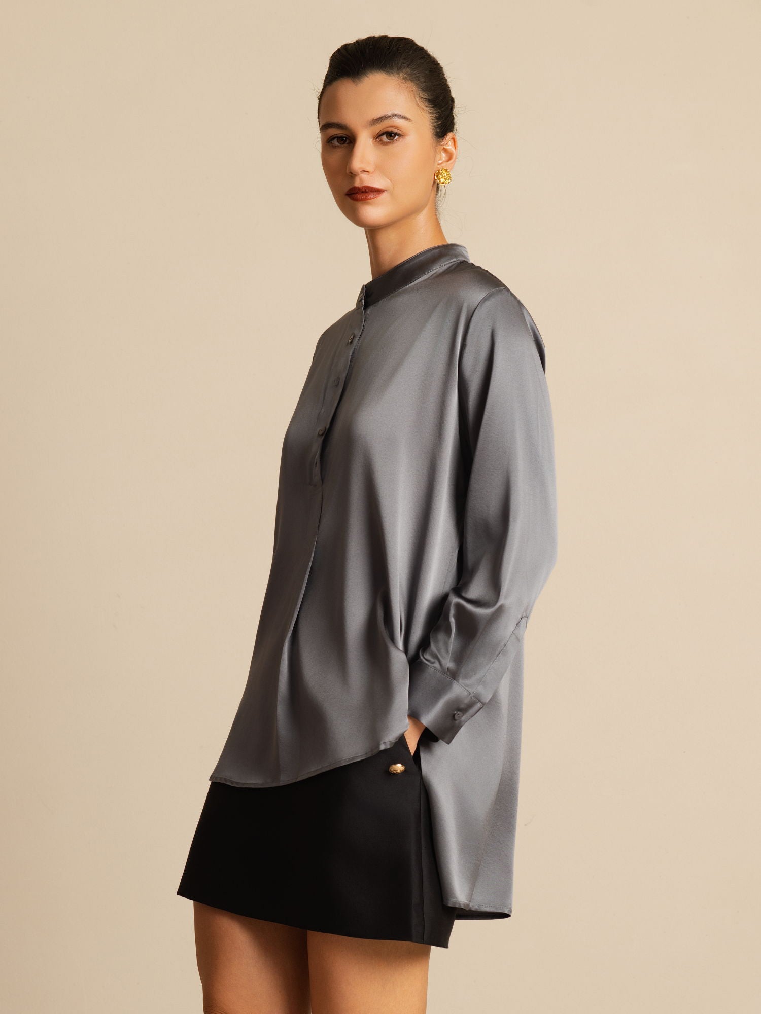 [Donkergrijs] SilkSilky-NL 19Momme Lange Mouw Staande Kraag Blouse 006