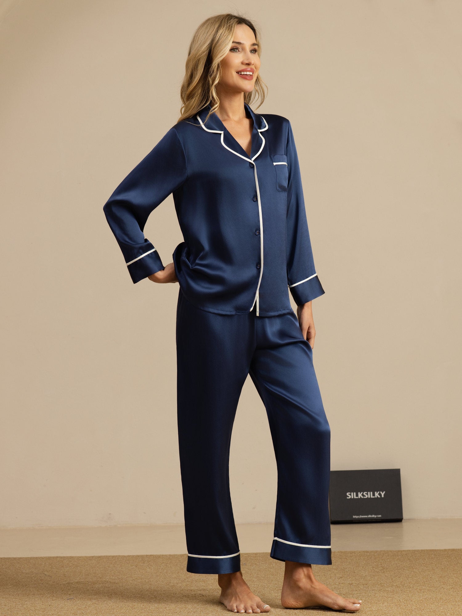 [Donkerblauw] SilkSilky-NL Lange Mouw Notchkraag Dames Pyjama Set 007
