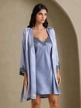 [Staal Blauw] SilkSilky-NL 3/4 Sleeve V Neck Nachthemd&Kamerjas Set 003