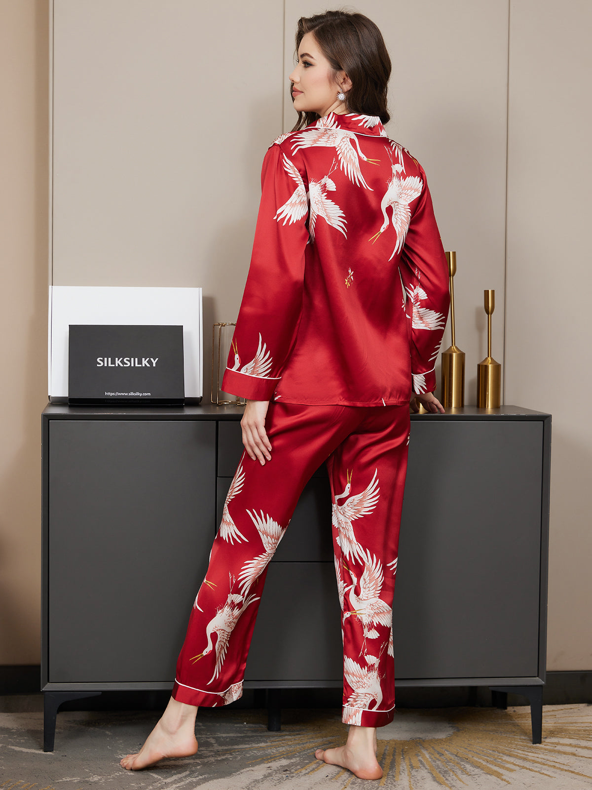 [Donkerrood] SilkSilky-NL 19Momme Lange Mouw Notchkraag Dames Pyjama Set 006