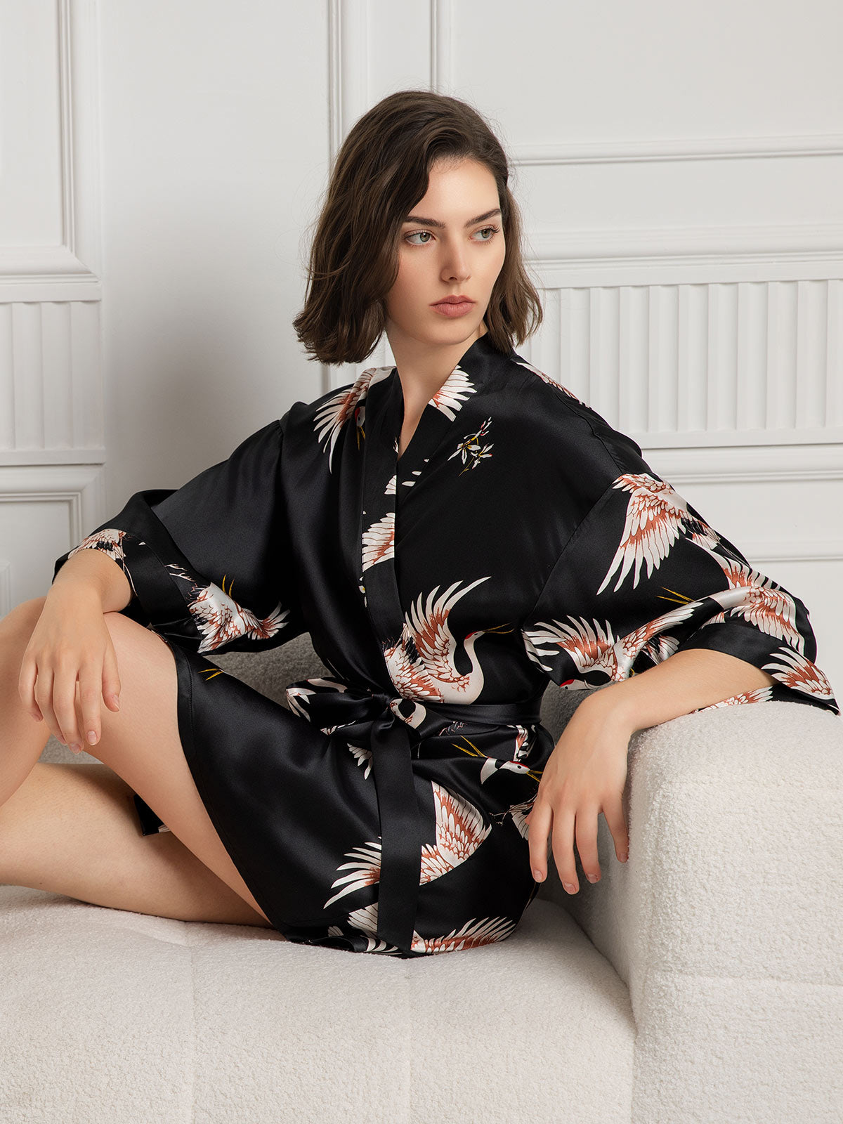 [Zwart] SilkSilky-NL 19Momme 3/4 Mouw Dames Kamerjas 004