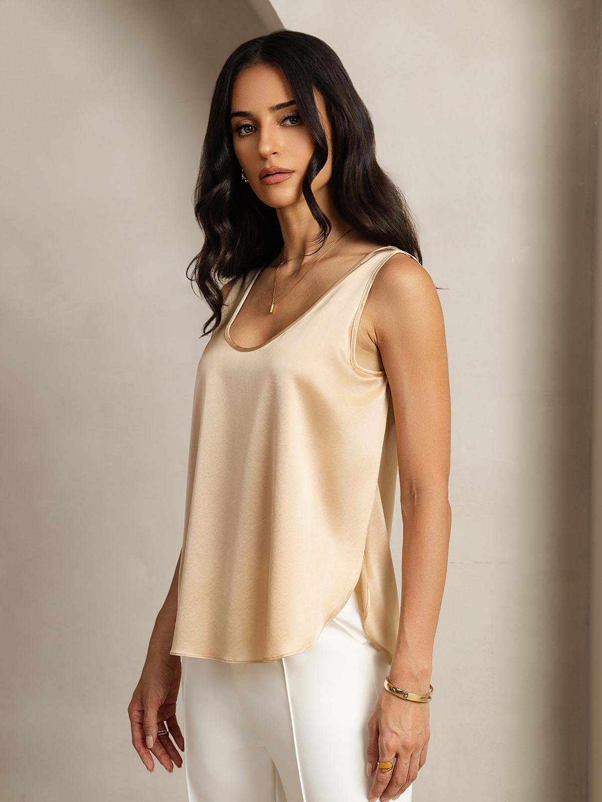 [Champagne] SilkSilky-NL 19Momme Zijde Womens T-Shirt 001