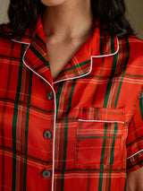 [Rood Geruit] SilkSilky-NL Short Sleeve Notch Collar Dames Pyjama Set 004