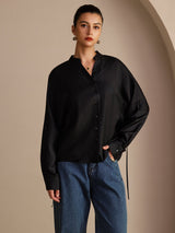 [Zwart] SilkSilky-NL Long Sleeve Split Blouse 004