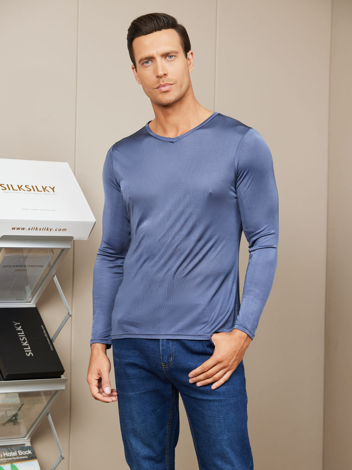 [Donkerblauw] SilkSilky-NL Zijde Gebreid Lange Mouw V-Hals Heren T-Shirt 003