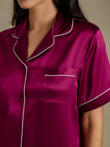 [Fuchsiaroze] SilkSilky-NL Short Sleeve Lapel Collar Dames Pyjama Set 004