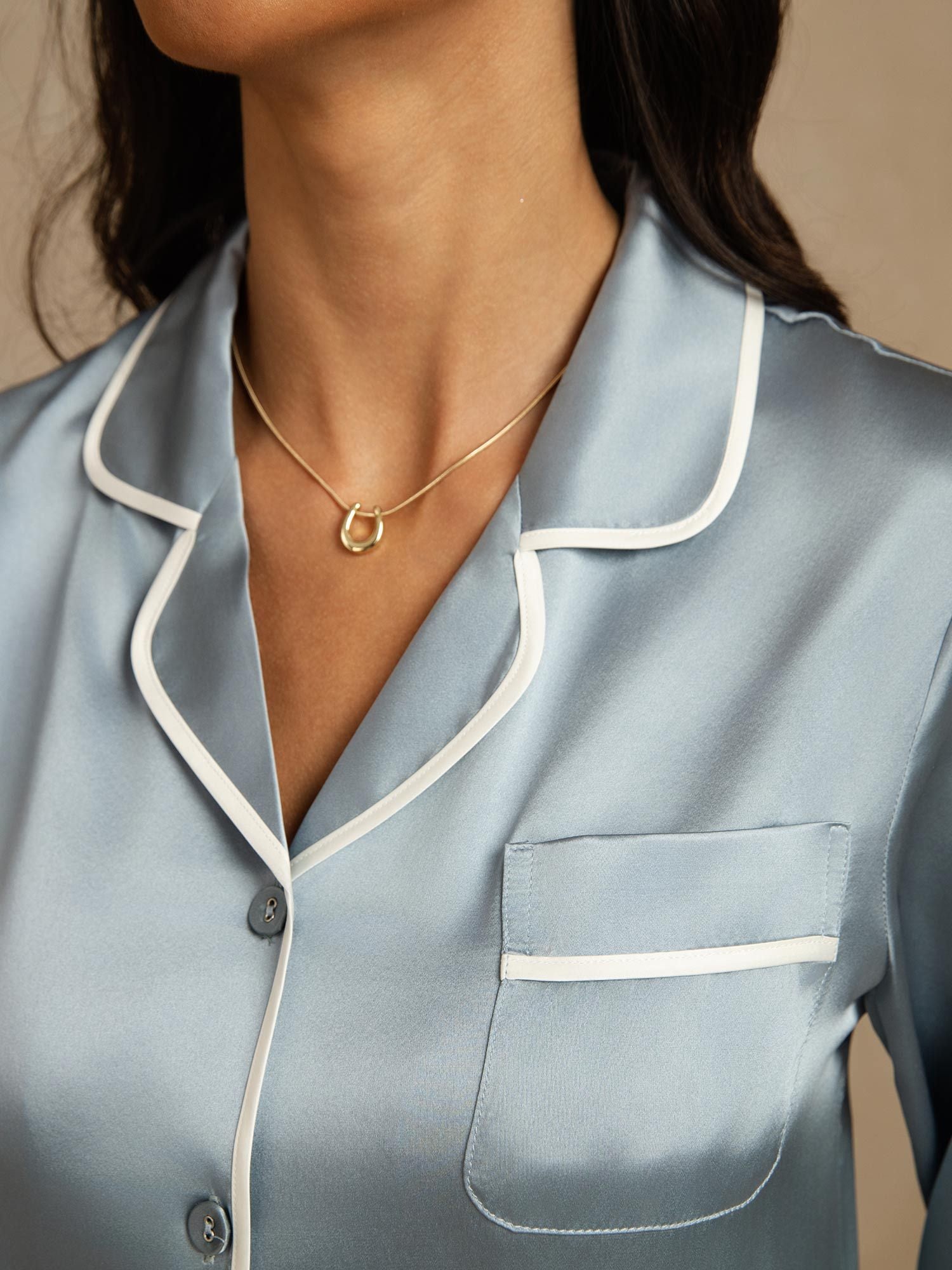 [GrijsachtigBlauw] SilkSilky-NL Zijde Kraag Dames Pyjama Set 004