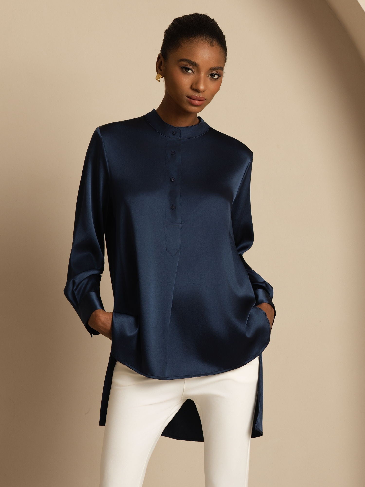 [Donkerblauw] SilkSilky-NL 19Momme Lange Mouw Staande Kraag Blouse 007