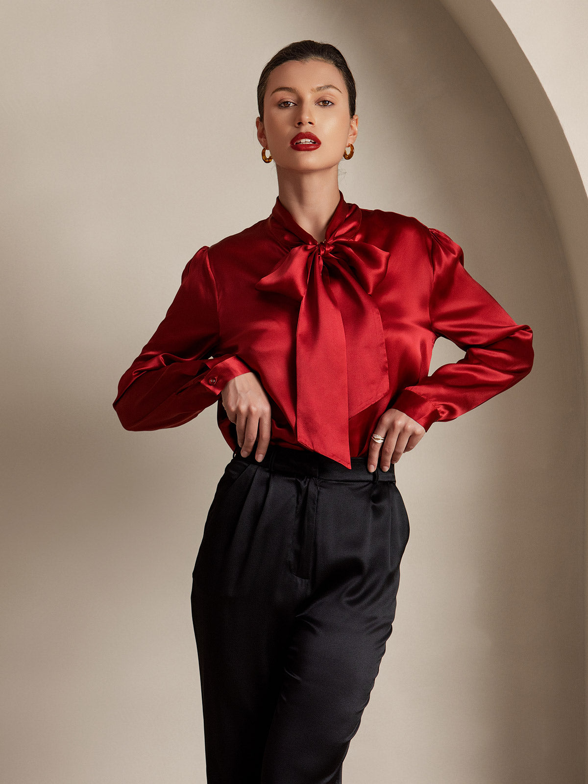 [Wijn] SilkSilky-NL 19Momme Zijde Lange Mouw Binda Hals Dames Blouse 003