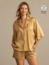[Tan] SilkSilky-NL 19Momme Halve Mouw Notchkraag Dames Pyjama Set 001