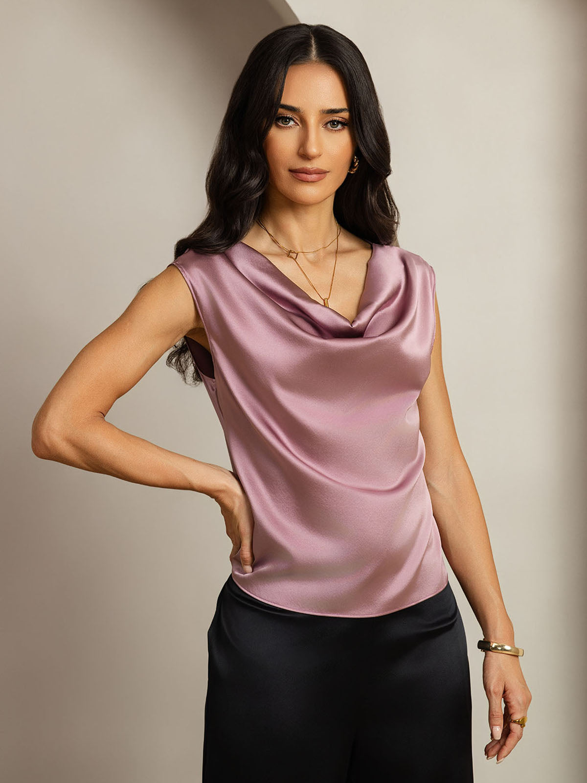 [Bleek Mauve] SilkSilky-NL Kapmouwtjes Cowl Neck Dames T-Shirt 001
