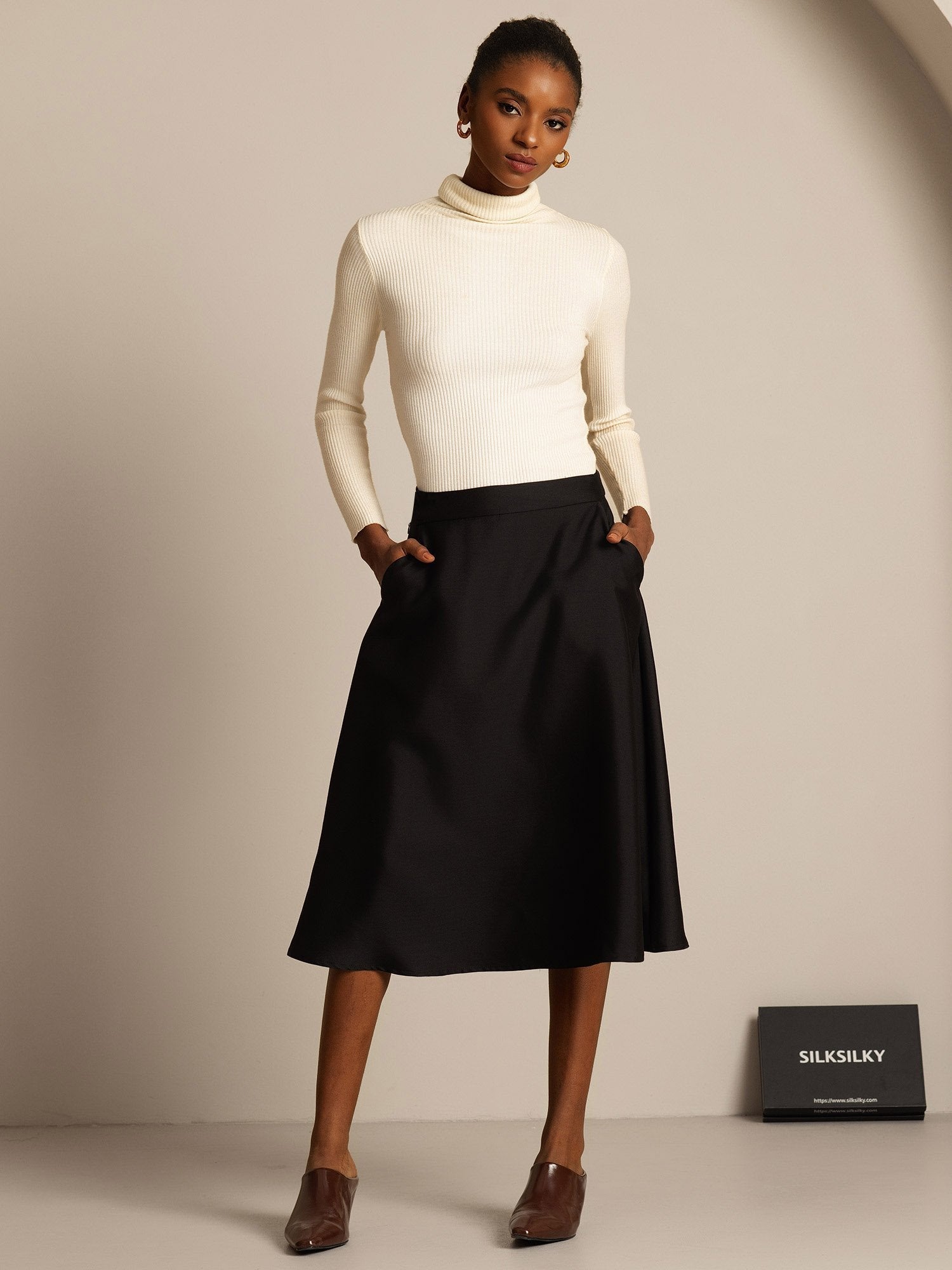 [Zwart] SilkSilky-NL 32Momme Silk-Wool Blend Skirt 005,