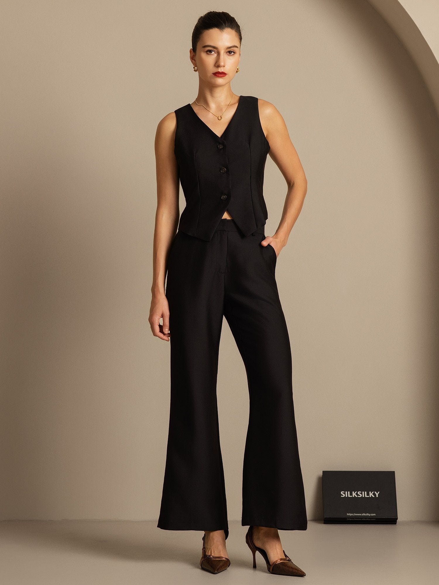 [Zwart] SilkSilky-NL 32Momme Silk-Wool Blend Womens Pants 004,