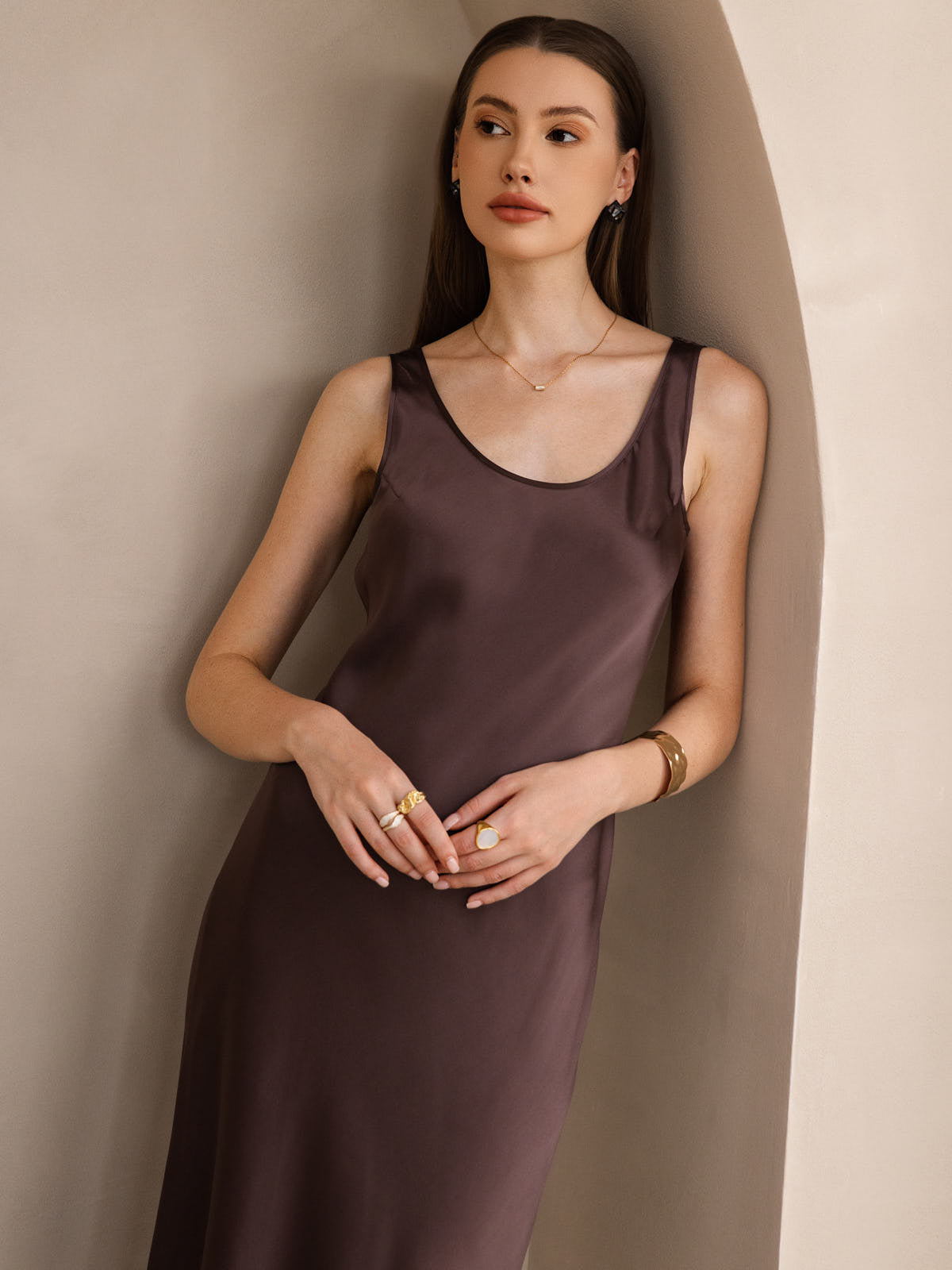 [Koffie] SilkSilky-NL Boat Hals Jurk 003