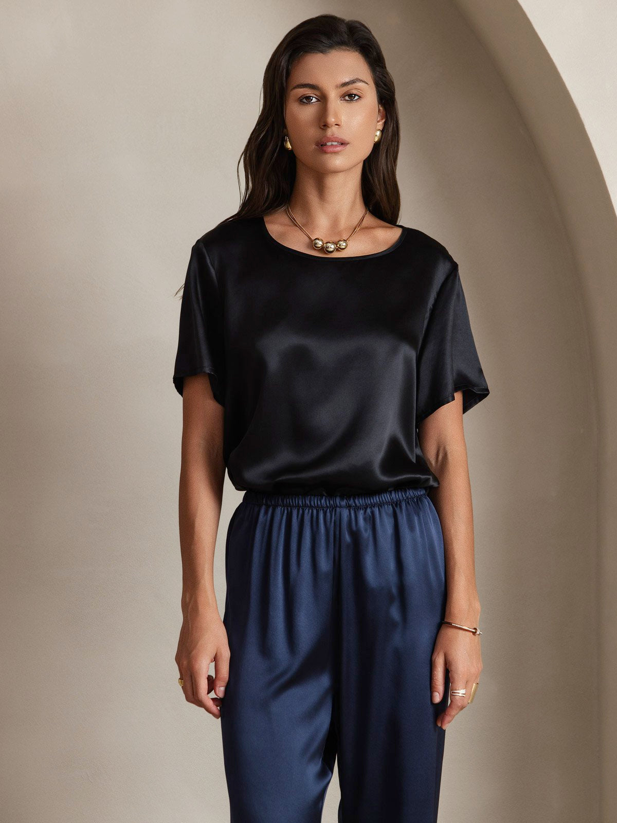 SilkSilky-NL Korte Mouw Ronde Hals Dames T-Shirt Zwart 003