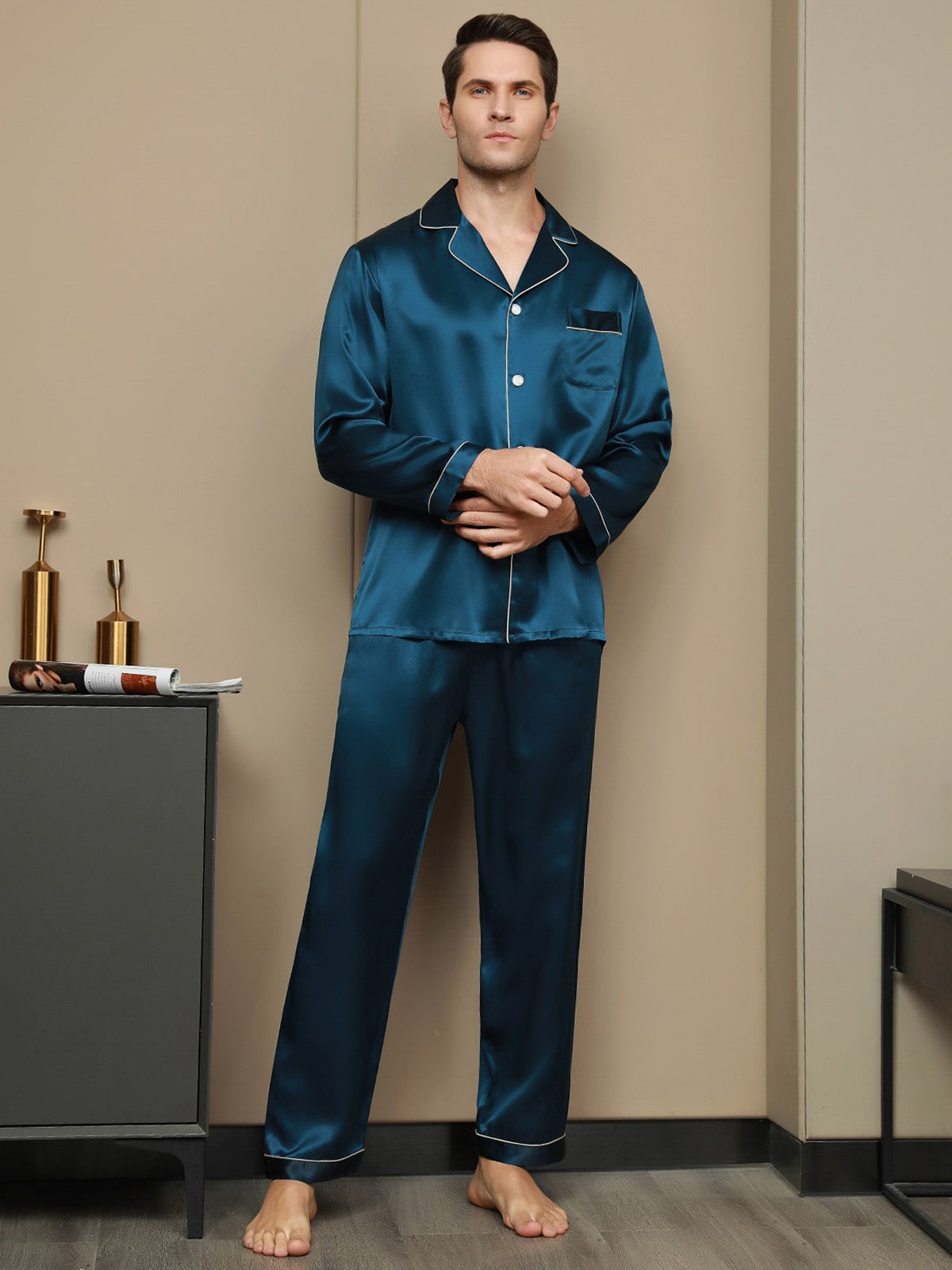[Koningsblauw] SilkSilky-NL 19Momme Mens Pajamas 001