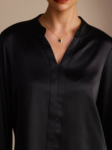 [Zwart] SilkSilky-NL Long Sleeve Split Blouse 004