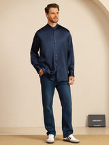 [Donkerblauw] SilkSilky-NL Long Sleeve Stand Collar Heren Shirt 008