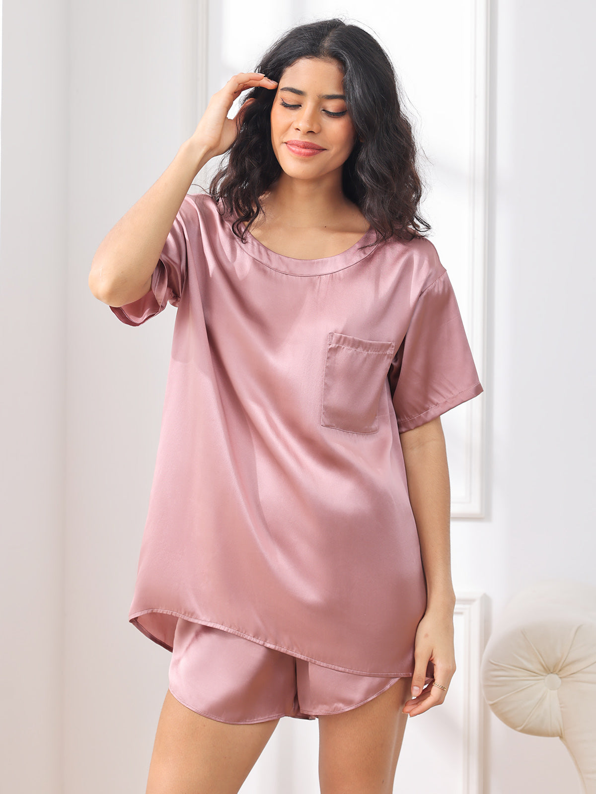 SilkSilky-NL Korte Mouw Ronde Hals Dames Pyjama Set BleekMauve 004