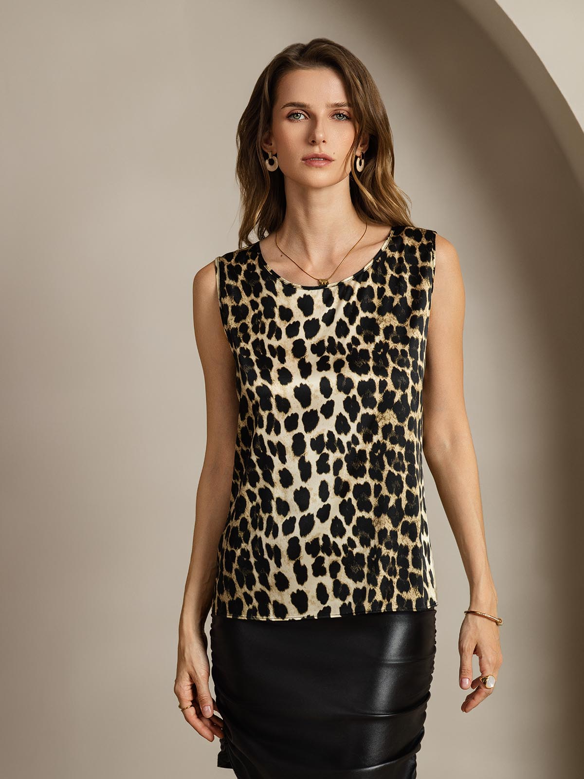 [Leopard] SilkSilky-NL 19Momme Zijde Ronde Hals Cami-Top 001