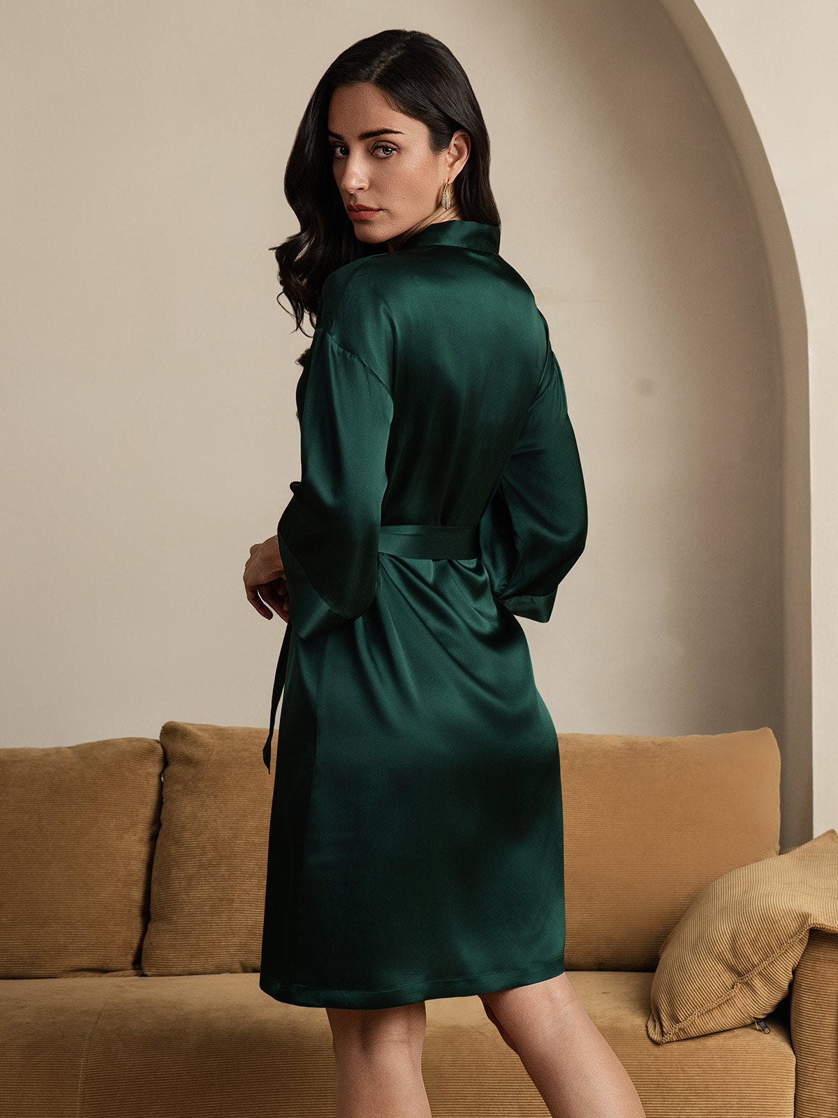 [Donkergroen] SilkSilky-NL Pure Silk Halve Mouw Womens Robe 002