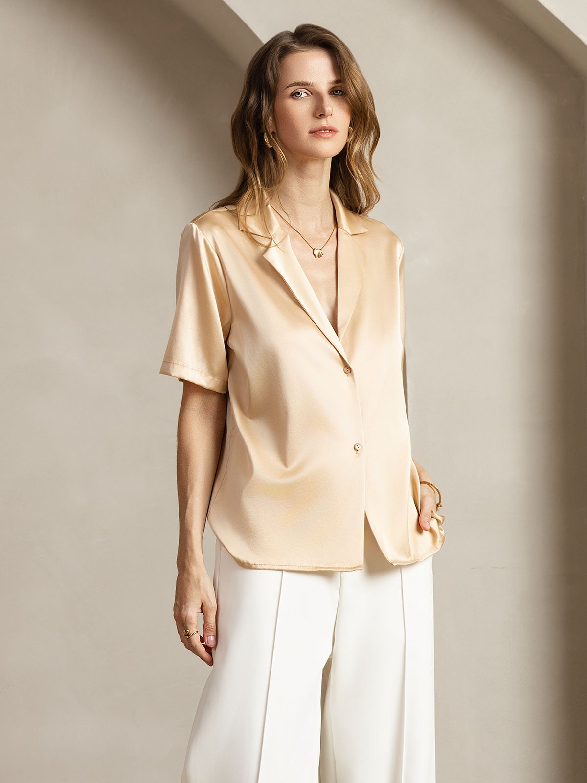[Champagne] SilkSilky-NL 19Momme Zijde Inkeping Dames Blouse 006