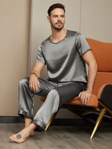 [Donkergrijs] SilkSilky-NL Pure Silk Korte Mouw Ronde Hals Heren Pyjama Set 004