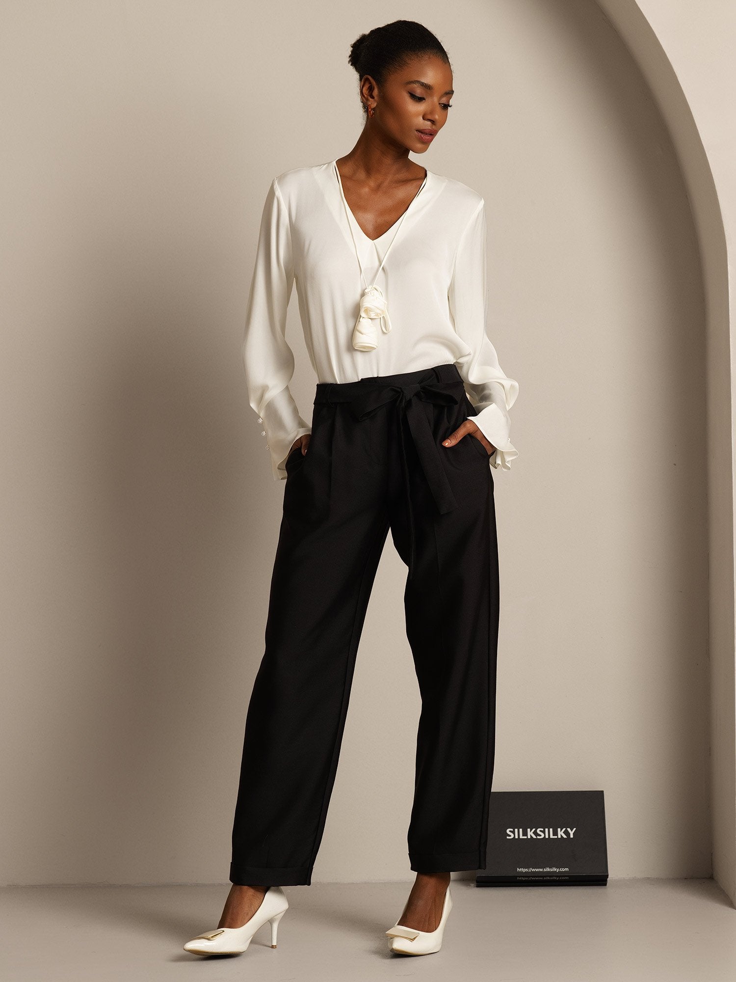 [Zwart] SilkSilky-NL 32Momme Silk-Wool Blend Womens Pants 007,