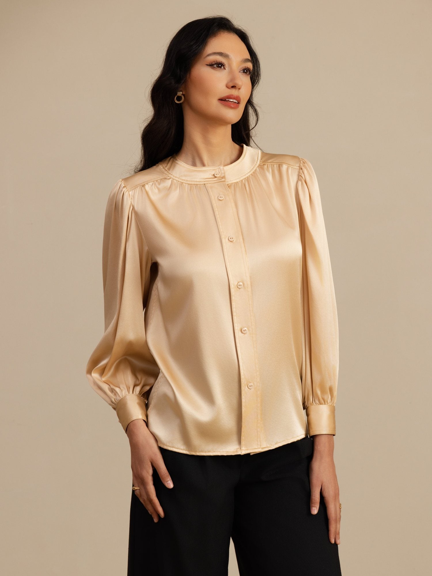 [Champagne] SilkSilky-NL 19Momme Long Sleeve Round Neck Blouse 003