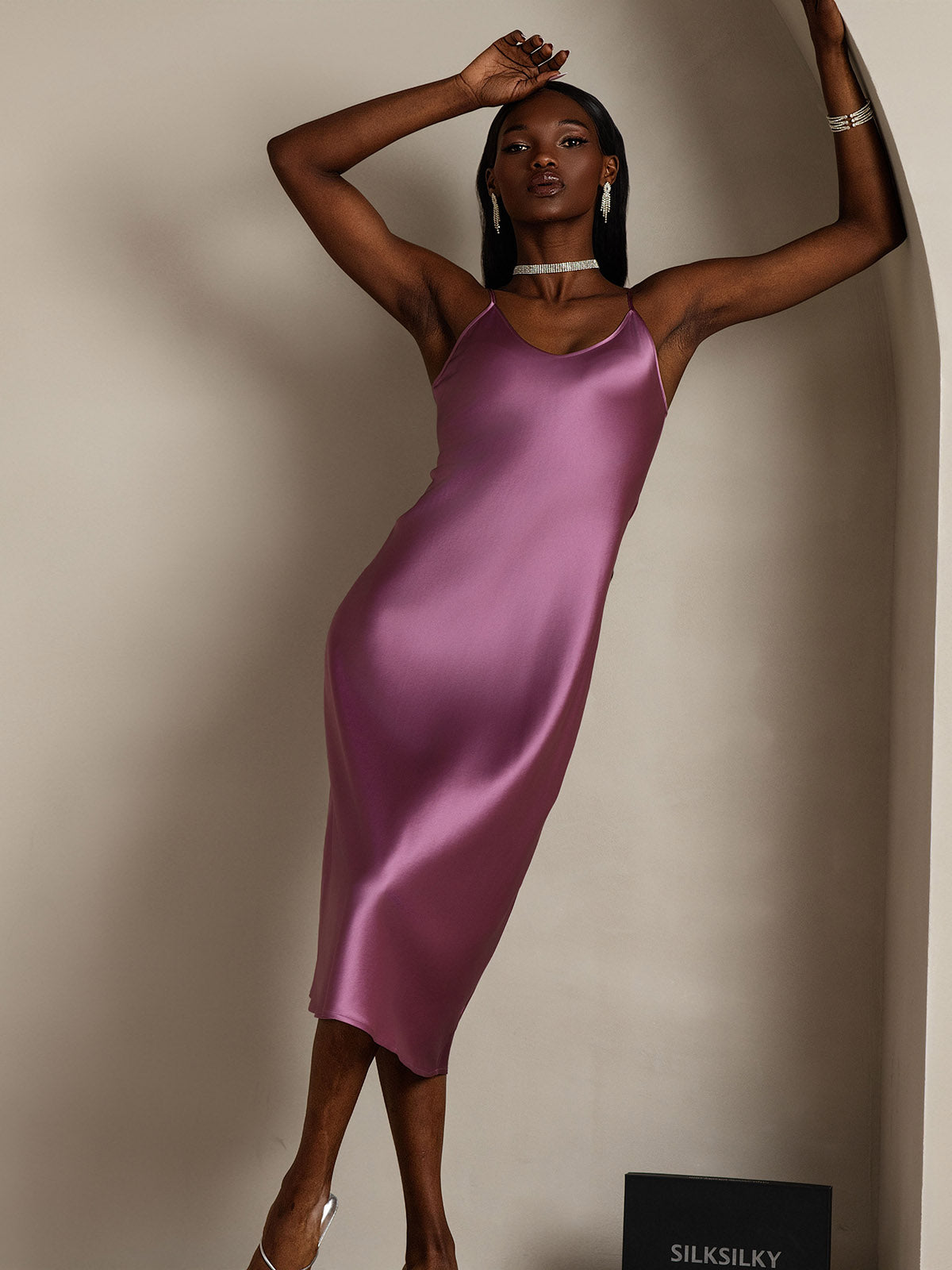 [Donkerpaars] SilkSilky-NL Ronde Hals Jurk 001,