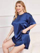 [Donkerblauw] SilkSilky-NL Pure Silk Korte Mouw Ronde Hals Dames Grote maten Pyjama Set 004