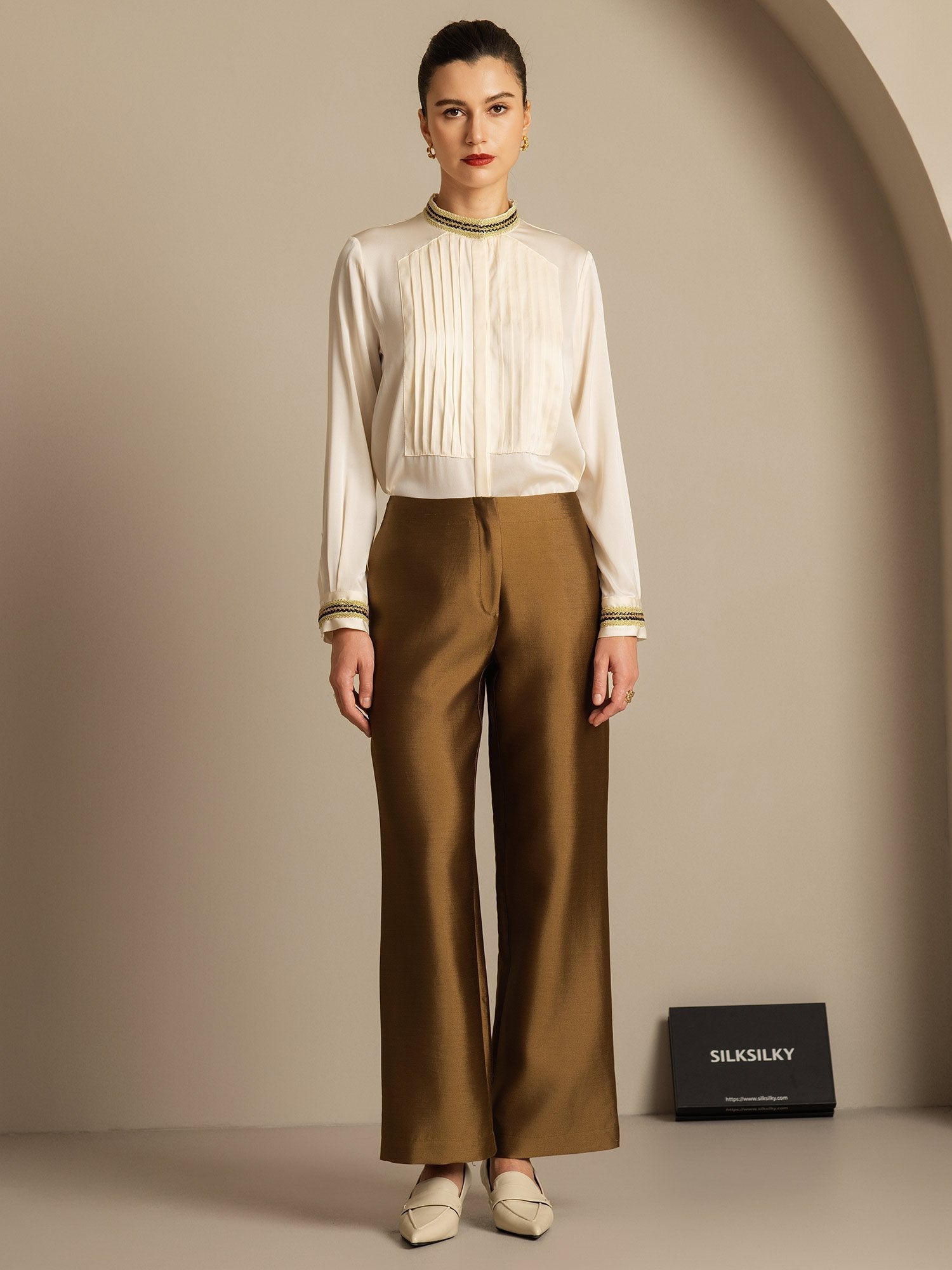 [Brons] SilkSilky-NL 32Momme Silk-Wool Blend Womens Pants 005,