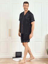 [Zwart] SilkSilky-NL Korte Mouw Notchkraag Heren Pyjama Set 004