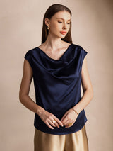 [Donkerblauw] SilkSilky-NL Cap Sleeve Cowl Neck Dames T-Shirt 001