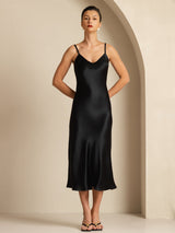 [Zwart] SilkSilky-NL Spaghetti Strap V Neck Jurk 001