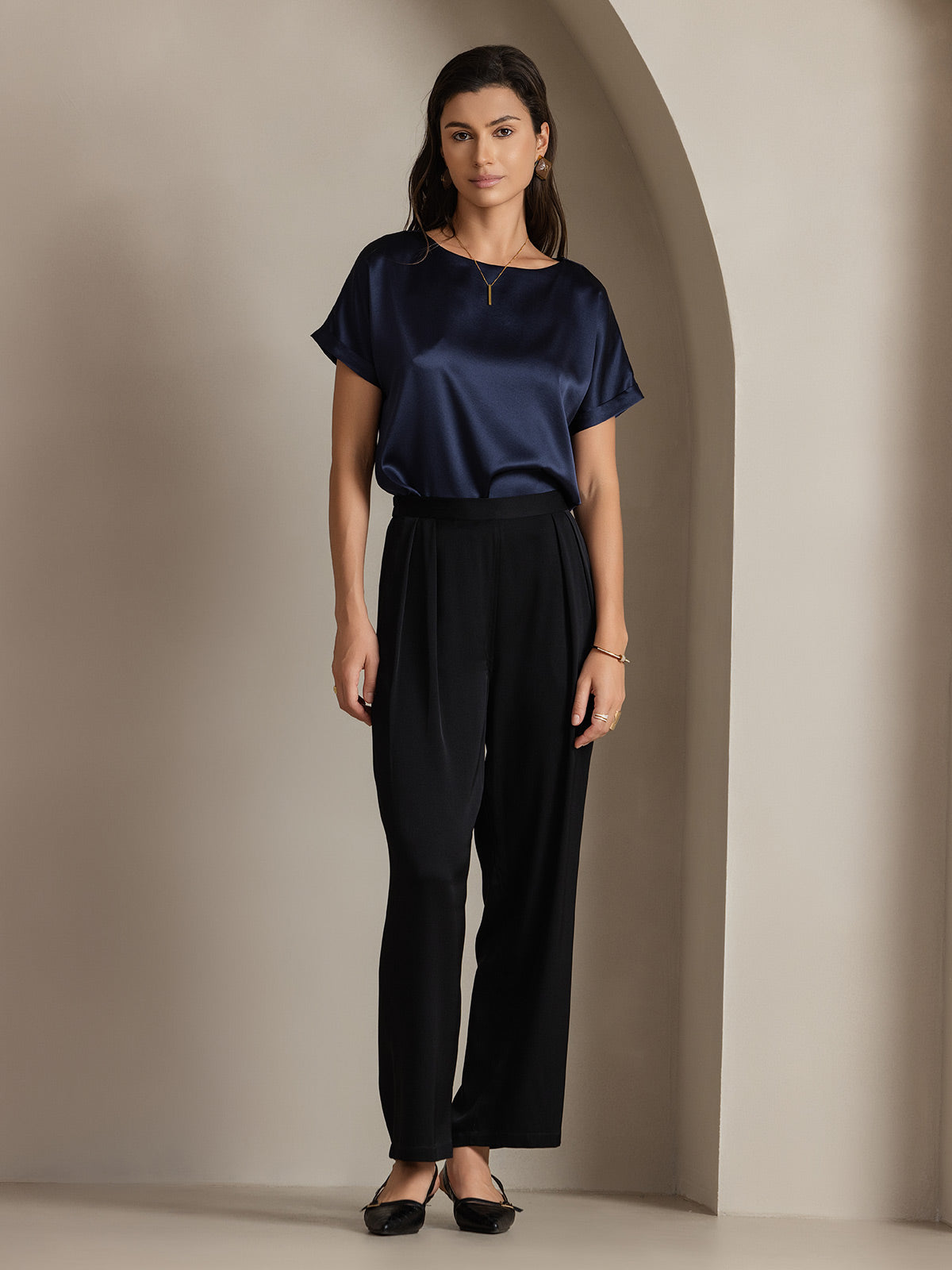 [Donkerblauw] SilkSilky-NL 19Momme Zijde Ronde Hals Dames T-Shirt 005
