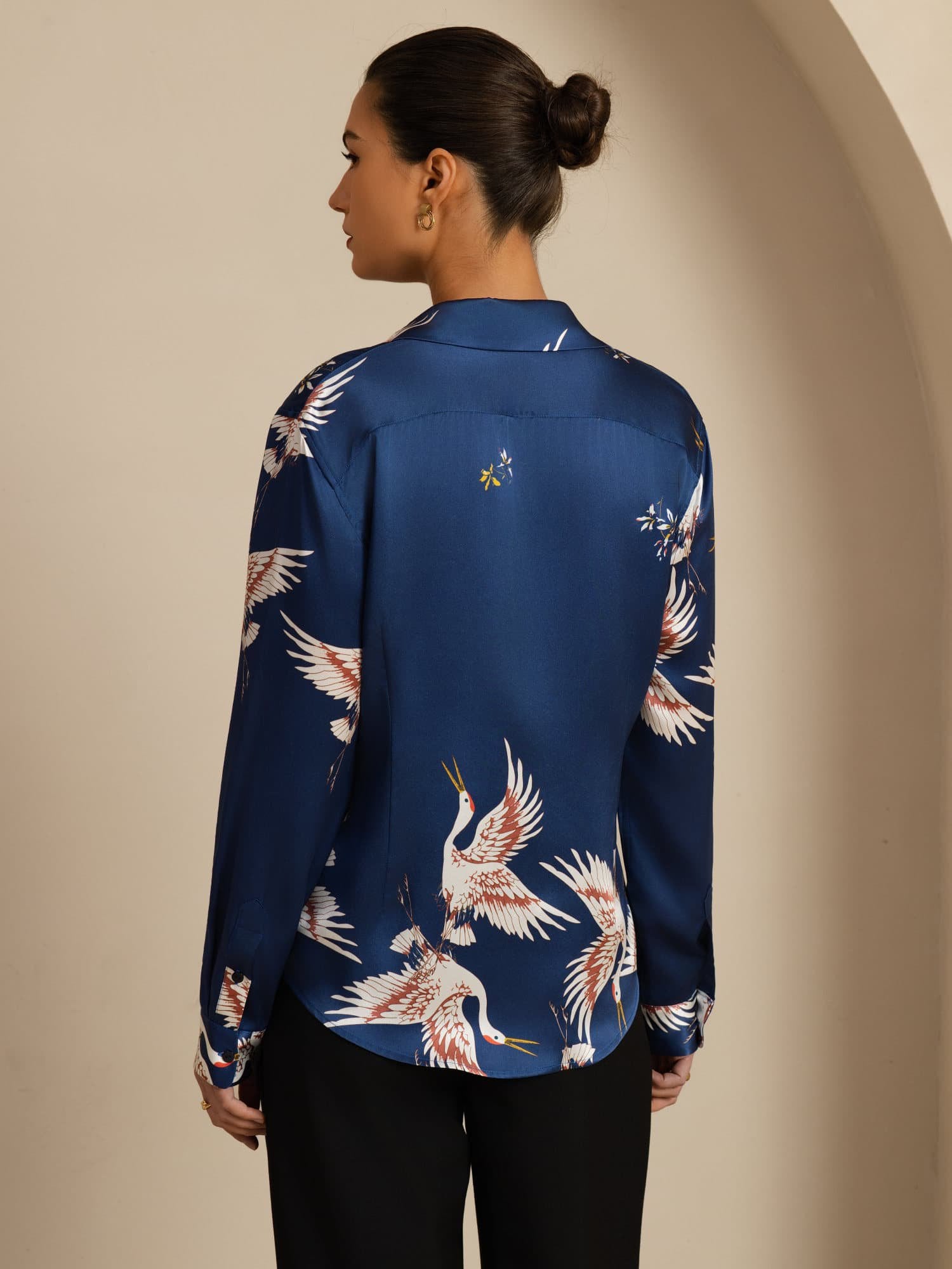 [Donkerblauw] SilkSilky-NL Long Sleeve Lapel Collar Dames Blouse 002