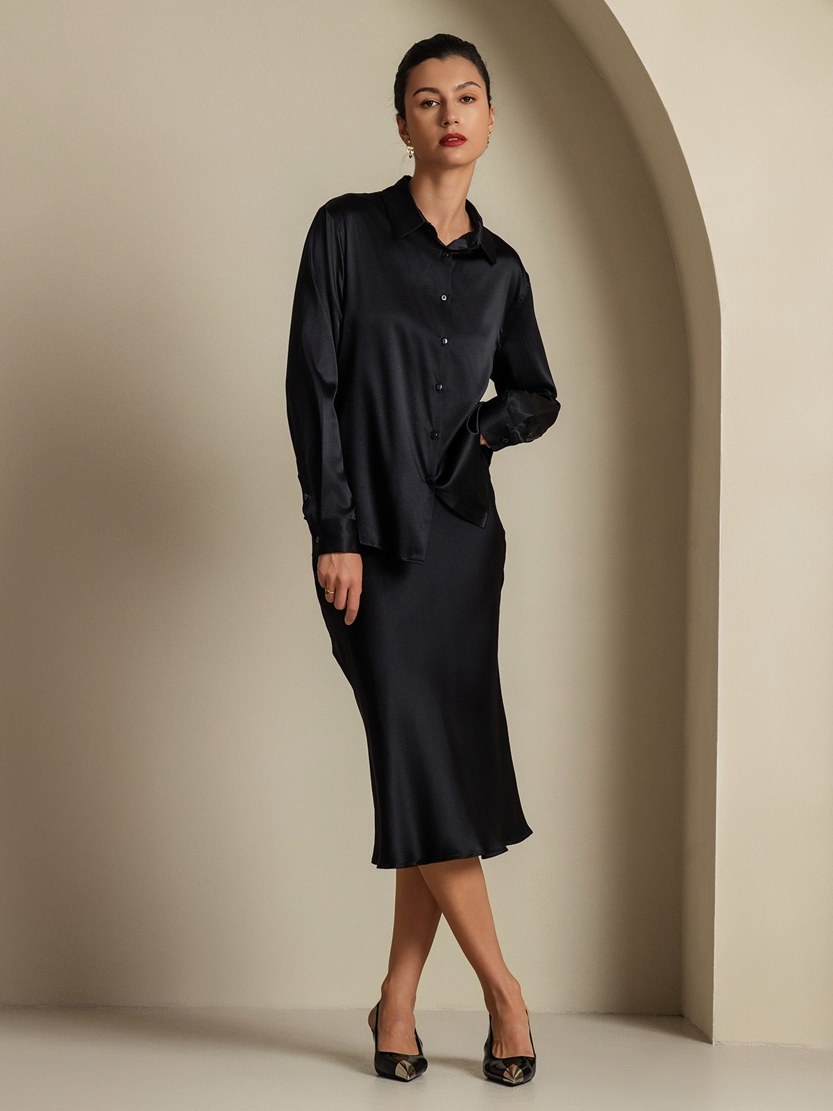 [Zwart] SilkSilky-NL 19Momme Zijde Kraag Women''s Outfit Sets 002,