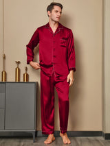 [Rode] SilkSilky-NL Lange Mouw Notchkraag Heren Pyjama Set 003