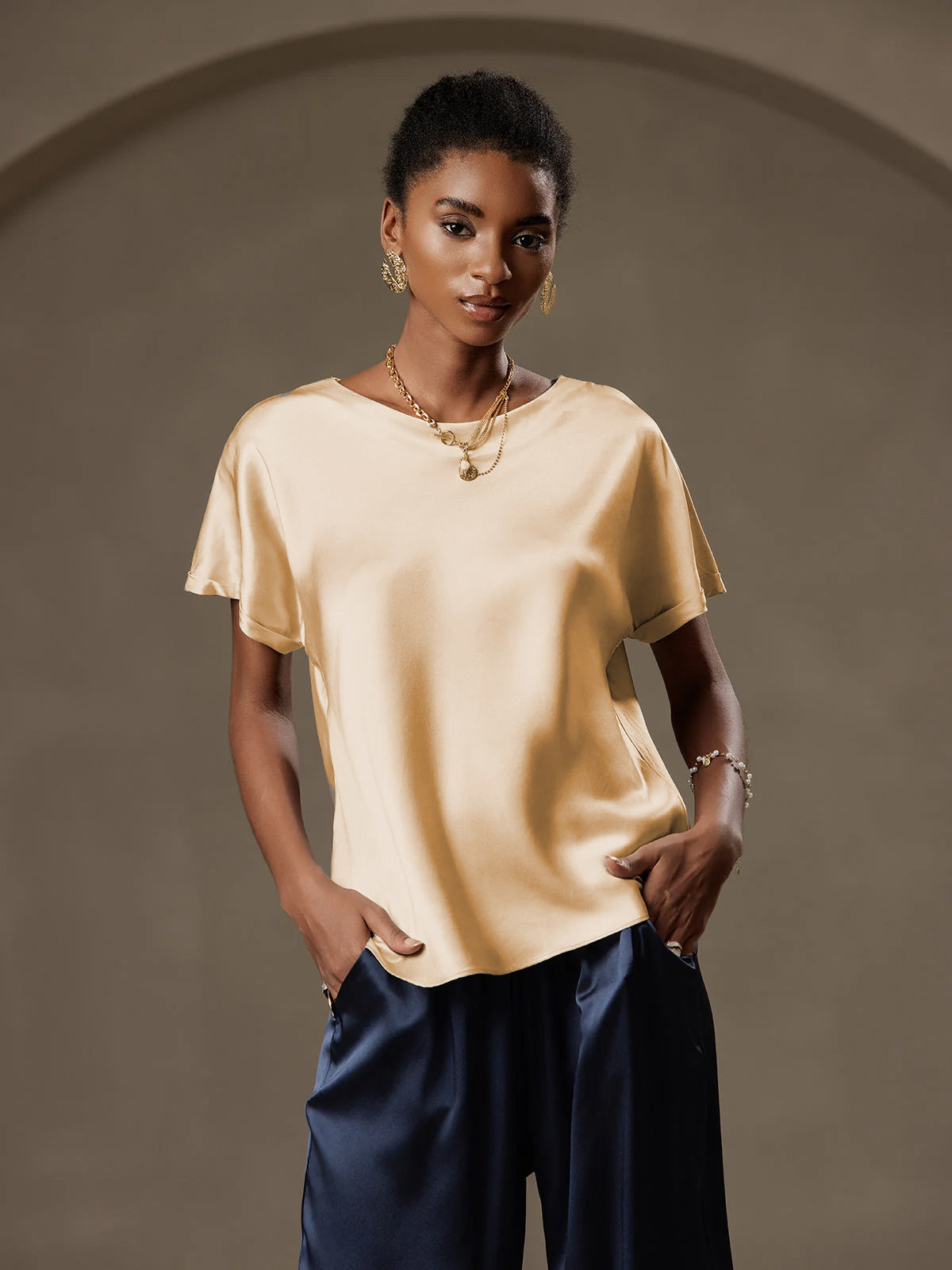 [Champagne] SilkSilky-NL 19Momme Zijde Ronde Hals Dames T-Shirt 001