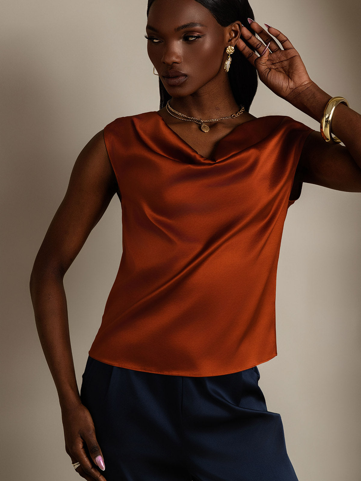 [Karamel] SilkSilky-NL 19Momme Zijde Mouwloos Cowl Hals Dames T-Shirt 006