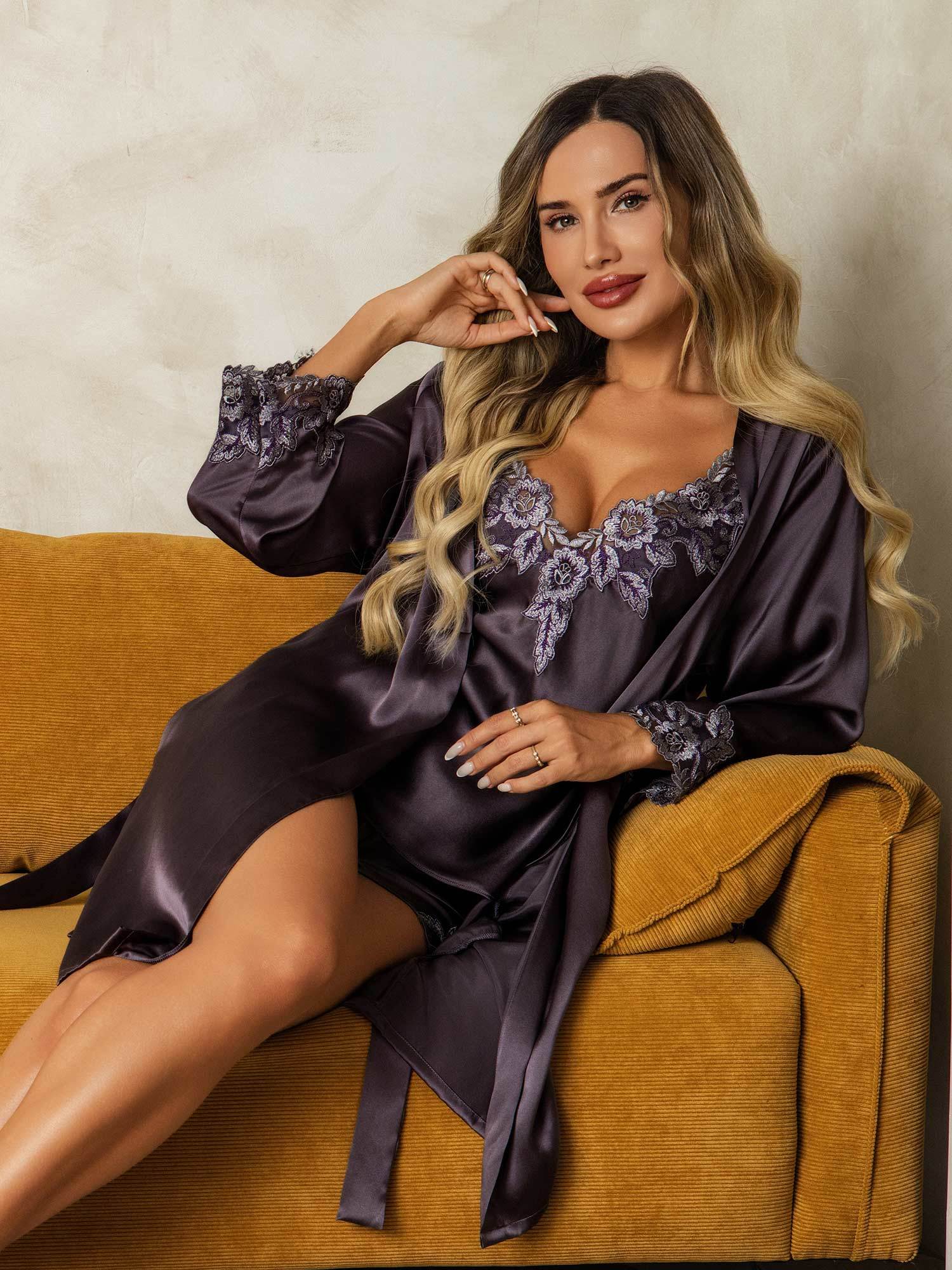 [PaarsGrijs] SilkSilky-NL Zijde Nightgown&Robe Set 005