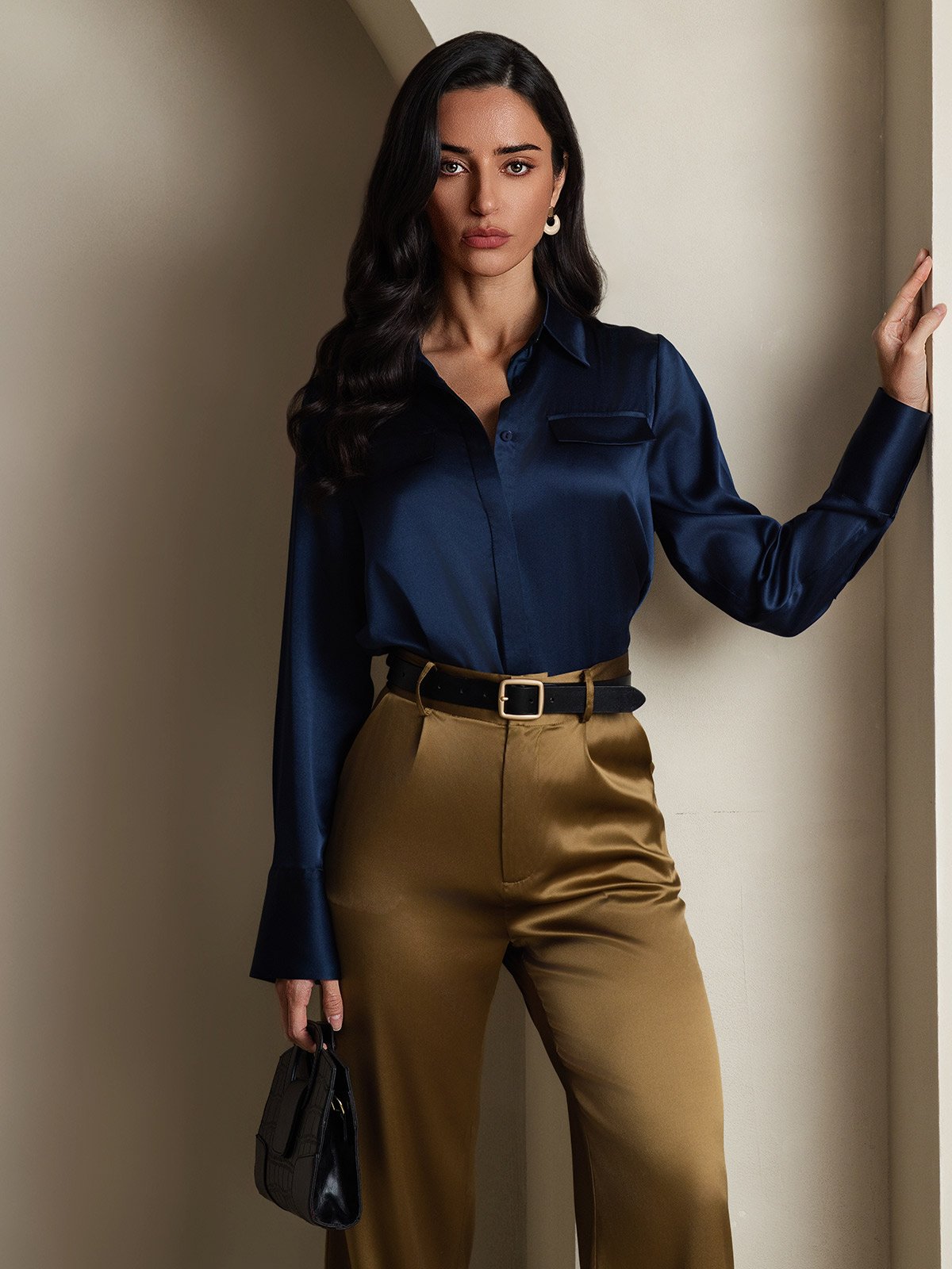 SilkSilky-NL 19Momme Zijde Lange Mouw Kraag Dames Blouse Donkerblauw 006