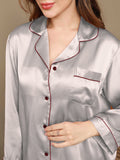 SilkSilky-NL Lange Mouw Revers Dames Pyjama Set Zilver 006