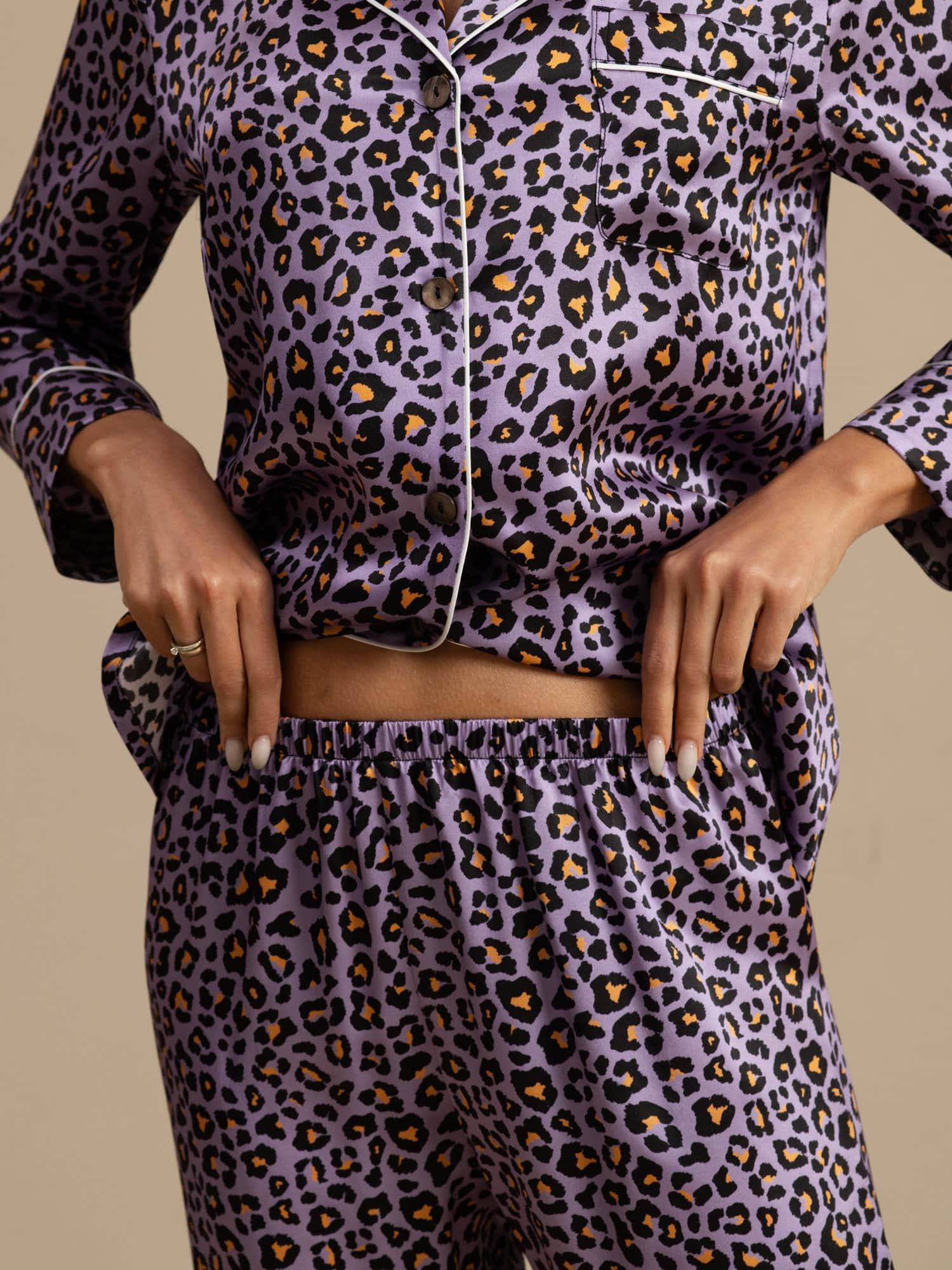 [Paarse Luipaard] SilkSilky-NL 19Momme Lange Mouw Notchkraag Dames Pyjama Set 005