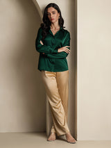 [Donkergroen] SilkSilky-NL 19Momme Lange Mouw Reverskraag Dames Blouse 008