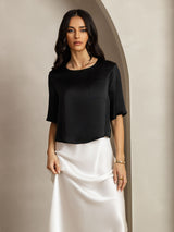 [Zwart] SilkSilky-NL Halve Mouw Diepe Ronde Hals Dames T-Shirt 004